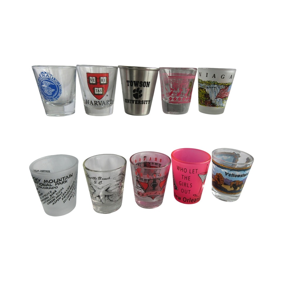 Lot of 10 Souvenir Shot Glasses Harvard Towson Yellowstone Niagara Travel Set